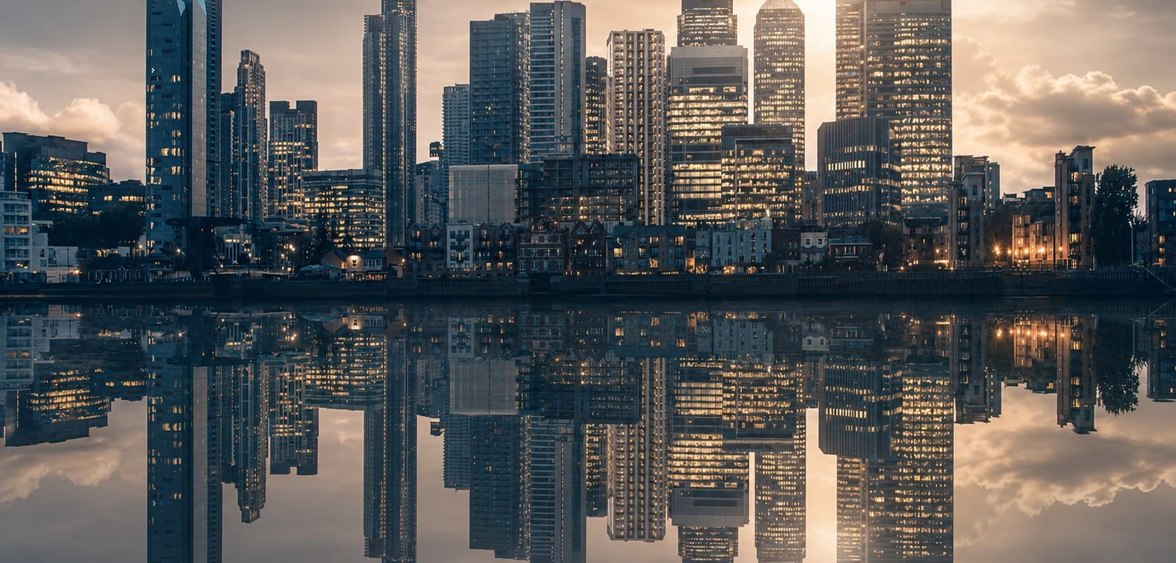 Canary Wharf skyline reflected in water at dusk — Le Chalet Clinic recovery guide