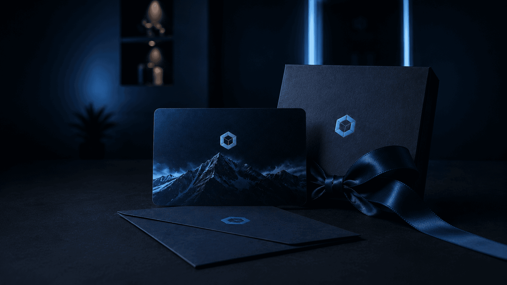 Le Chalet Clinic gift card, envelope and ribboned presentation box