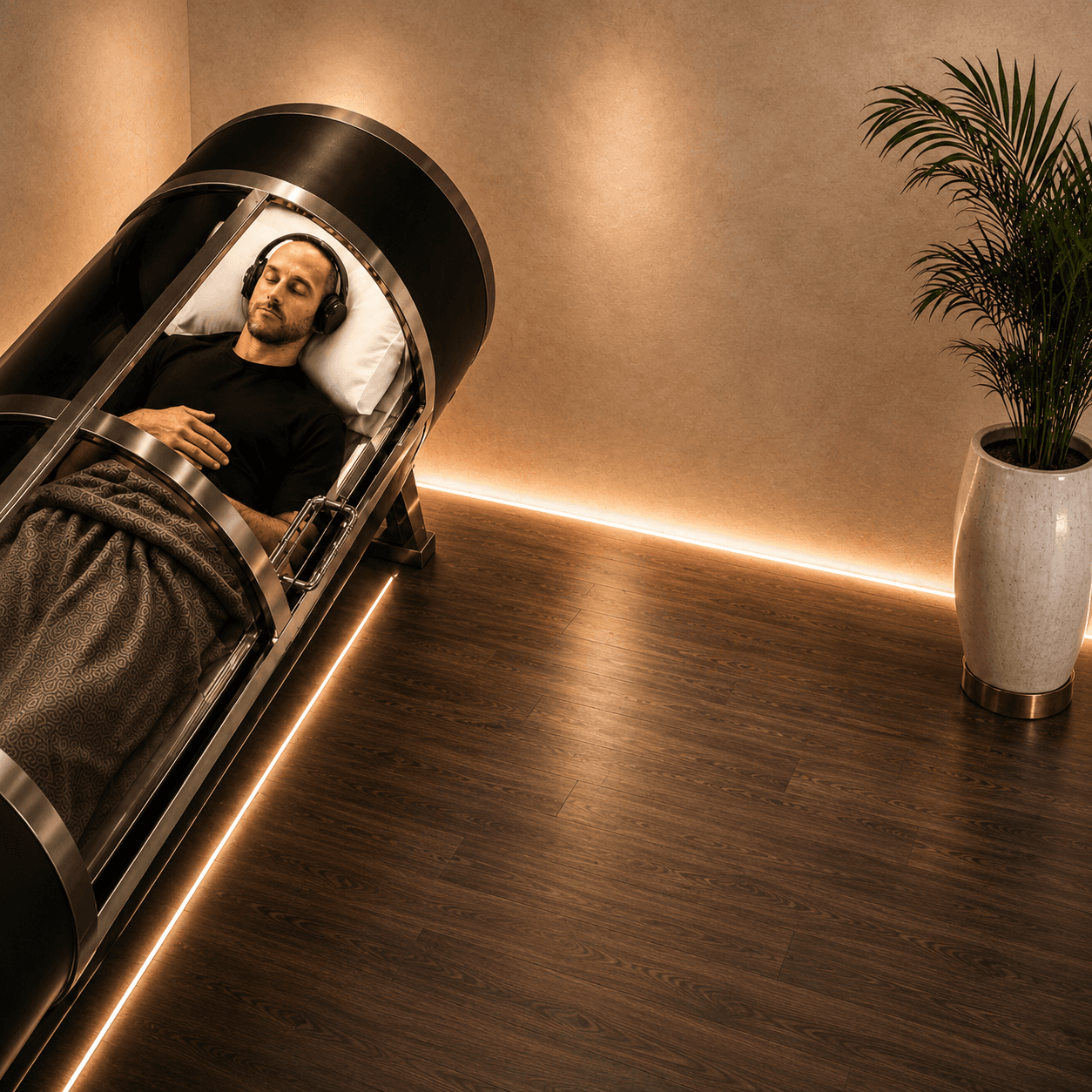 Le Chalet Clinic Hyperbaric Oxygen Therapy chamber, warm interior light